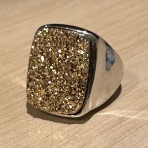 Modern Silver Tone Statement Ring with Sparkling Gold Druzy, Size 6.25
